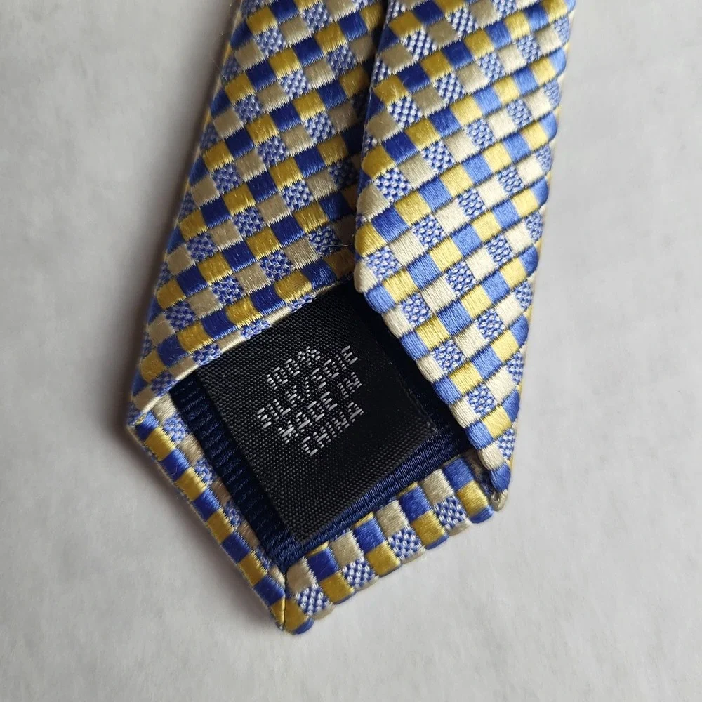 Michael Kors Blue Gold Checkered Silk Necktie Formal Business‎ Accessory
